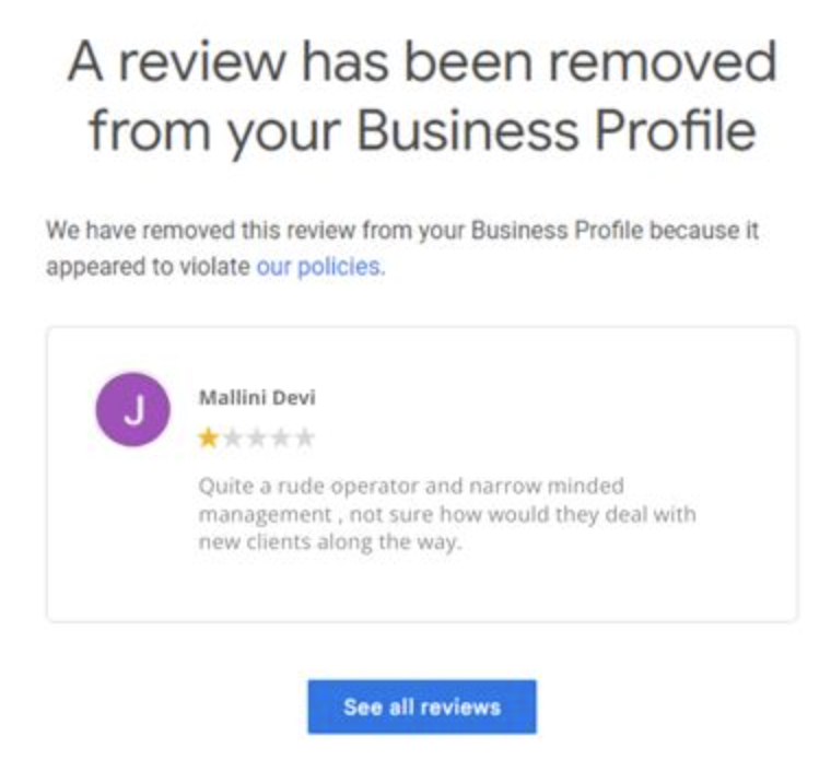 Google review removal confirmation 3