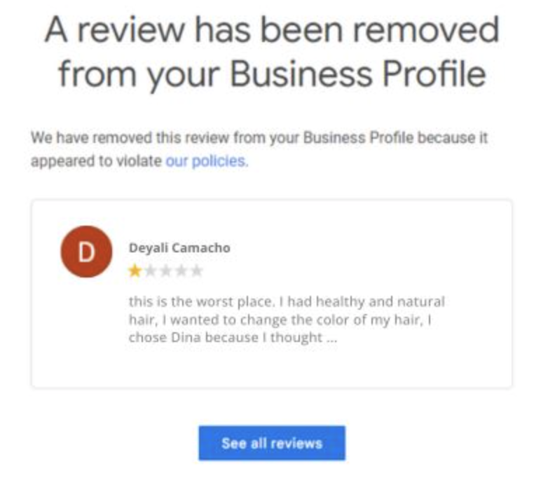 Google review removal confirmation 2