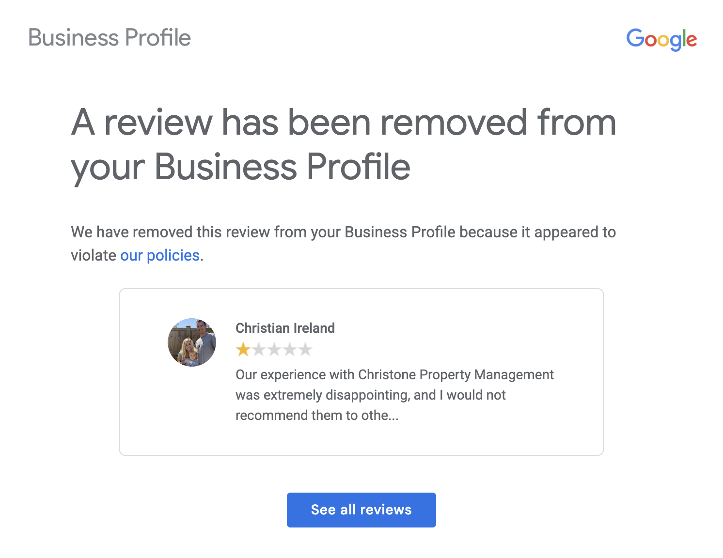 Google review removal confirmation 1