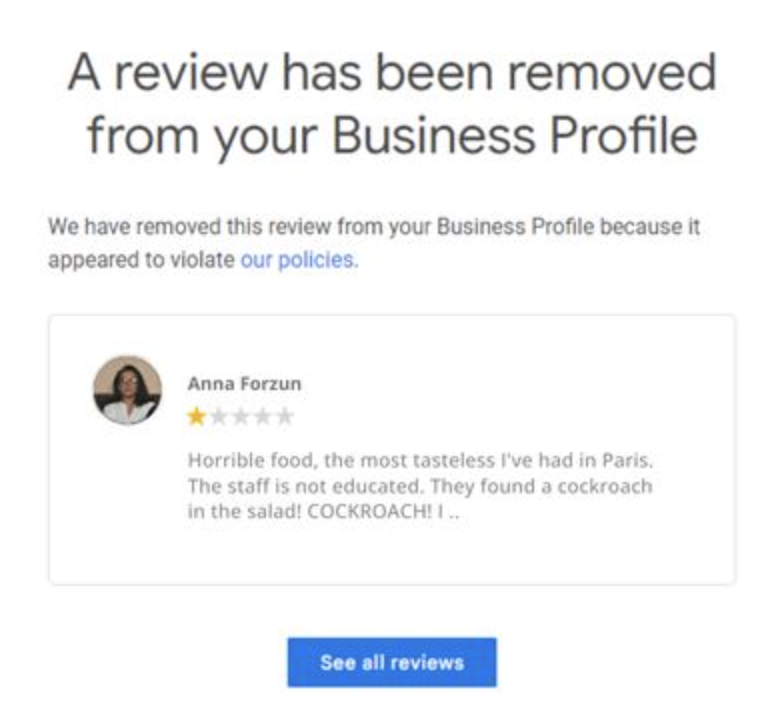 Google review removal confirmation 5